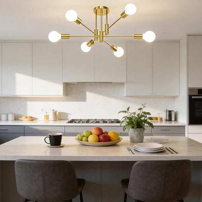 6-Light Sputnik Chandelier Gold, Mid-Century Modern Ceiling Light Fixture for Dining Room, Kitchen, Living Room, Bedroom