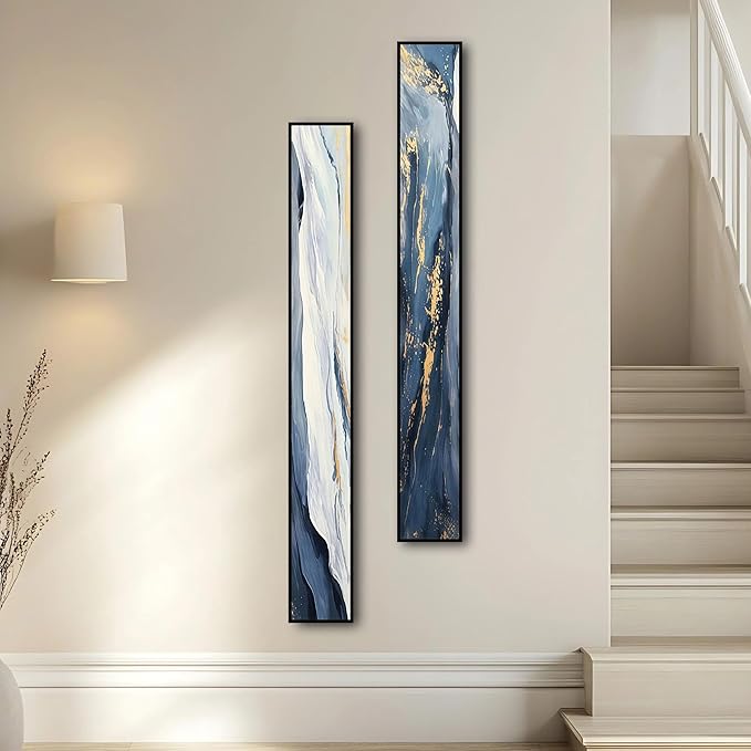 Large Framed Long Narrow Vertical Abstract Wall Art Set of 2, Premium Crystal Porcelain Canvas Prints, Navy Blue Gold Modern Design - Perfect for Entryway, Hallway, Living Room, Bedroom - 63x10 inch