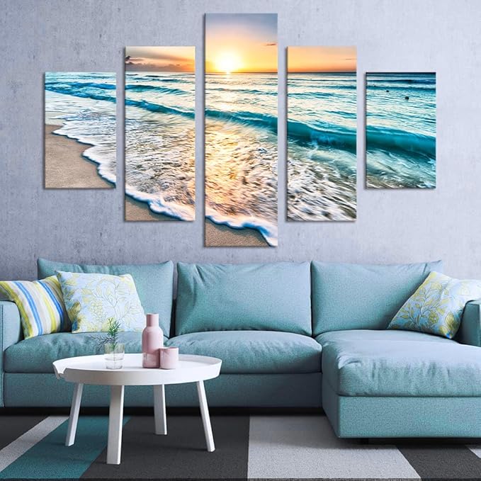Beautiful Landscape Sunset Beach Ocean Seascape Modern Pictures Painting on Canvas 5 Panels Combination Set Enlarge for Wall Art Living Room Home Decor Framed Stretched (60''W x 40''H)