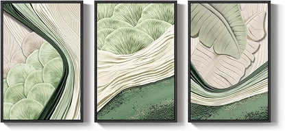 Framed Green Abstract Wall Art Bedroom, 3 Piece Botanical Modern Minimalist Canvas Print Artwork for Walls, Leaf Paintings Pictures for Small Living Room Dining Room Office Wall Art Decor, 16x24 Inch