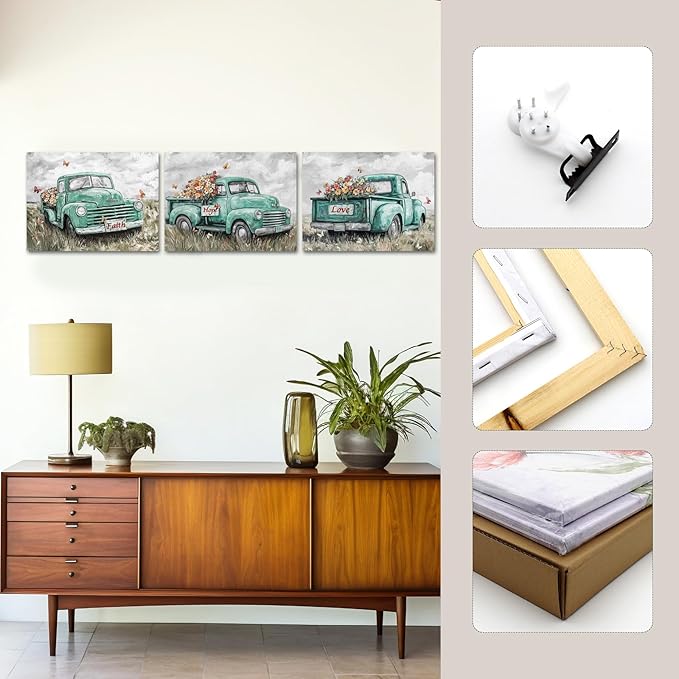 sechars Truck Wall Art Canvas Vintage Farmhouse Decor Faith Hope Love Floral Painting Prints (Green)