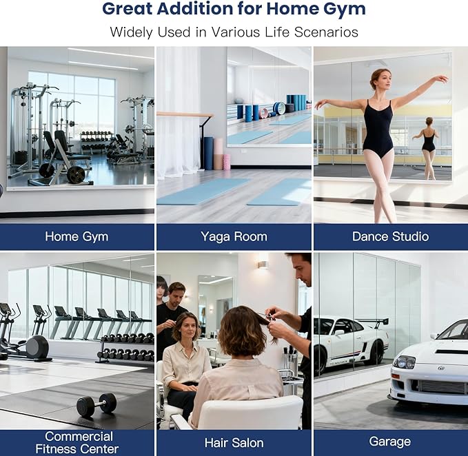 Amorho Gym Mirror 84''x48''(3pcs 48''x28''), Tempered Glass, Frameless Full Body Mirror for Wall, Used for Yoga Studios, Dance Rooms, Garage Gyms.