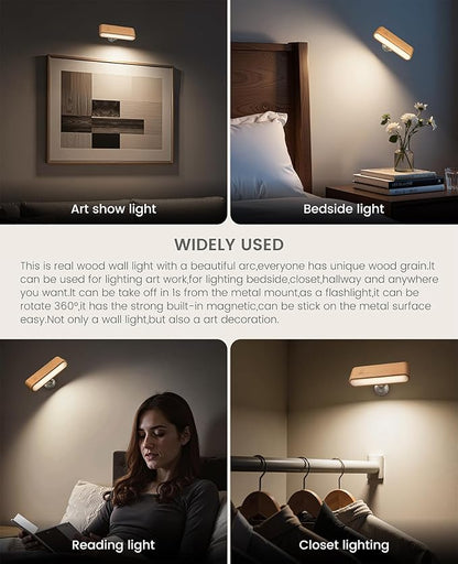 Wood Battery Operated Wall Sconces Set of Two, Magnetic Mini Wall Lights with 360° Rotation and Adjustable Brightness, Stick-On Mount for Bedside, Hallway, Living Room (2Pack Beech Wood)