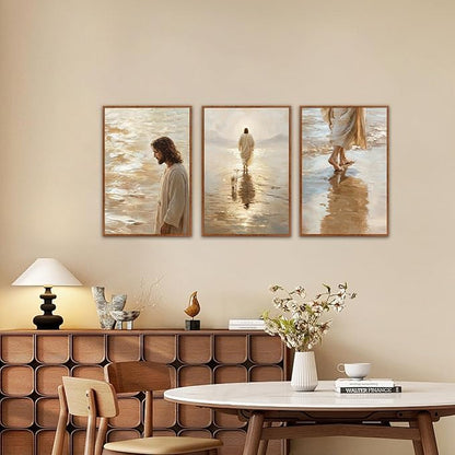 KAlRNE Jesus Walking On Water Wall Art Set of 3(16”X24”),Christian Bible Wall Decor,Neutral Spiritual Gold Framed Canvas Paintings,Lost Sheep Art Prints For Living Room Bedroom Church Office