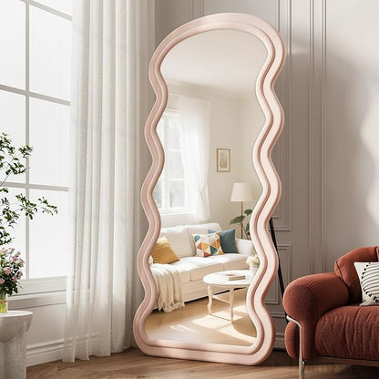 Wavy Full Length Mirror, 71"x32" Flannel Mirrors Full Length with Stand, Full Boby Mirrors for Bedroom, Living Room, Cloakroom, Hanging Leaning Wall Mirror, Pink