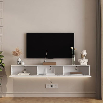 KEIKI 9.17" H x 68.8" L Floating TV Stand Wall Mounted with 16 Color LEDs & Power Outlets for TVs Up to 70 Inch, Wooden Media Console Entertainment Center Television Table Cabinet for Living Room