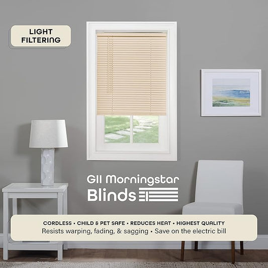 Cordless Light Filtering Mini Blind - 33 Inch Width, 72 Inch Length, 1" Slat Size - Alabaster - Cordless GII Morningstar Horizontal Windows Blinds for Interior by Achim Home Decor