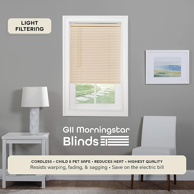 Cordless Light Filtering Mini Blind - 46 Inch Width, 64 Inch Length, 1" Slat Size - Alabaster - Cordless GII Morningstar Horizontal Windows Blinds for Interior by Achim Home Decor
