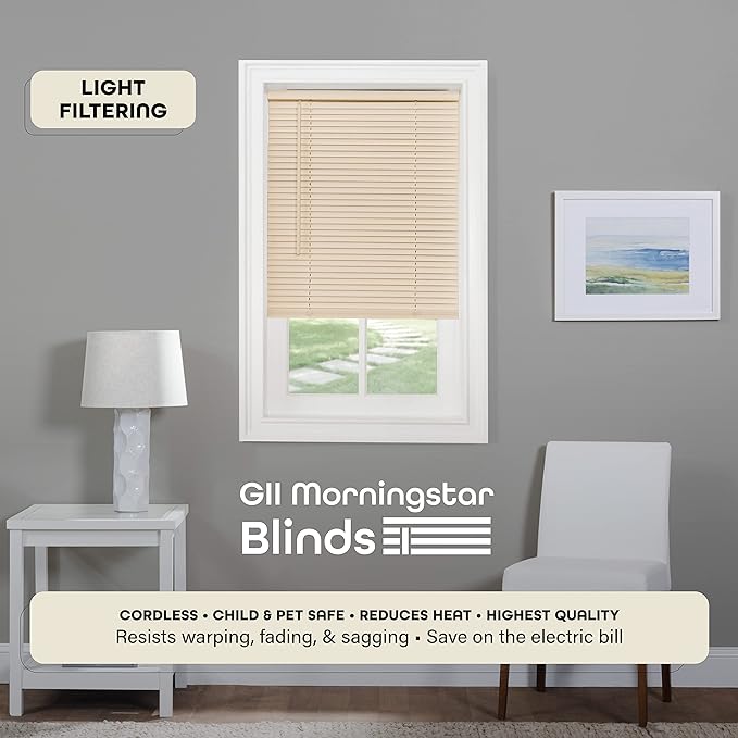 Cordless Light Filtering Mini Blind - 41 Inch Width, 64 Inch Length, 1" Slat Size - Alabaster - Cordless GII Morningstar Horizontal Windows Blinds for Interior by Achim Home Decor