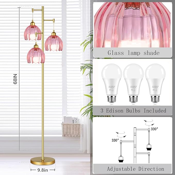 AHDWDW Gold Floor Lamp for Living Room Bedroom,3 Lights Vintage Tree Floor Lamps with Pink Glass Flower Shade,Mid Century Modern Floor Lamp for Corner Office,68IN Unique Tall Standing Lamp with Bulb