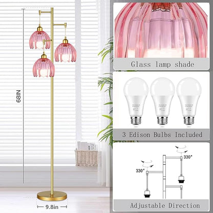 AHDWDW Gold Floor Lamp for Living Room Bedroom,3 Lights Vintage Tree Floor Lamps with Pink Glass Flower Shade,Mid Century Modern Floor Lamp for Corner Office,68IN Unique Tall Standing Lamp with Bulb