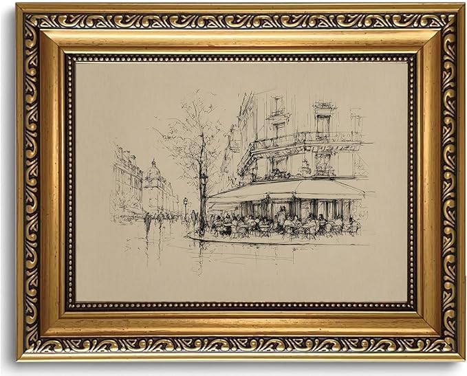 WZGZXU Vintage Gold Framed Wall Art Autumn Paris Cafe Wall Decor French Bistro Canvas Art Paintings Street Sketch Picture Antique Drawing Artwork For Dining Room Kitchen 8x10in