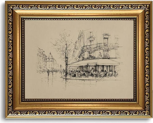 WZGZXU Vintage Gold Framed Wall Art Autumn Paris Cafe Wall Decor French Bistro Canvas Art Paintings Street Sketch Picture Antique Drawing Artwork For Dining Room Kitchen 8x10in