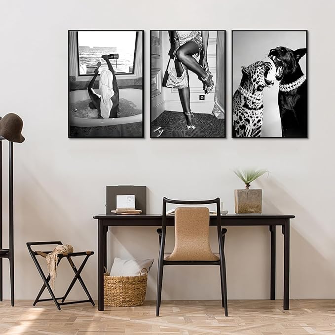 3 Pcs Fashion Leopard Print Canvas Wall Paintings Funny Woman Drinking In Bathtub Paintings Print Black And White Photography Beautiful Chic Woman Preppy Postesr For Bedroom Hallway 24×16 Inch Unframed
