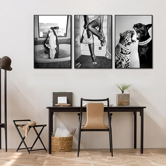 3 Pcs Fashion Leopard Print Canvas Wall Paintings Funny Woman Drinking In Bathtub Paintings Print Black And White Photography Beautiful Chic Woman Preppy Postesr For Bedroom Hallway 24×16 Inch Unframed
