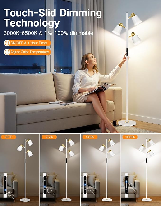 OUTON Tree Floor Lamp, LED Dimmable Floor Lamp with Remote and Touch Slide Control, 4 Color Temperatures, 3 Rotatable Lights, Modern Standing Lamp for Living Room Bedroom Office, Bulbs Included,White