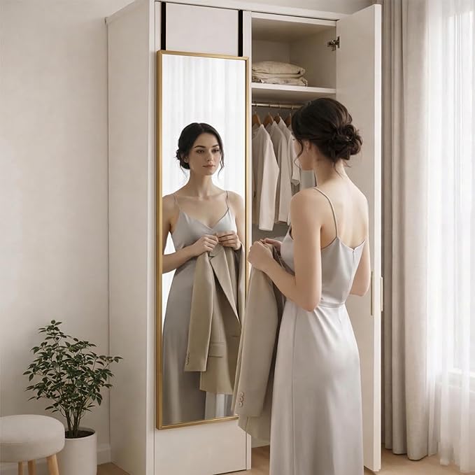 Simple Deluxe 47x14 Full Length Mirror Over The Door, Wall Mounted Full Body Mirror, Luxurious Gold Aluminum Frame, Shatterproof Glass, for Bedroom, Living Room, Entryway, Gold Rectangle