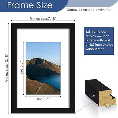 PEALSN 6x9 Picture Frames Set of 6, Display Pictures 4x6 with Mat or 6x9 without Mat for Wall Mounting or Table Top, Photo Frames Collage for Wall Decor, Black.