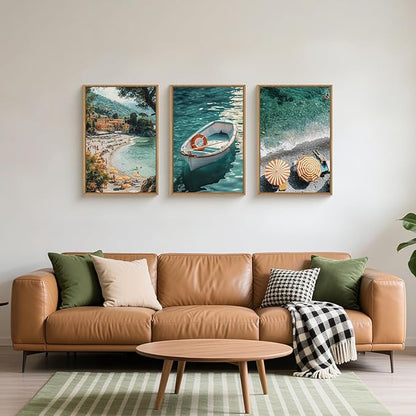 Aryroi Italy Spring Coastal Seascape Framed Canvas Wall Art Set,Mediterranean Amalfi Italian Blue Green Seaside Beach Decor,Natural Foreign Travel City Summer Artwork for Living Room,Farmhouse- 24"x36"x3