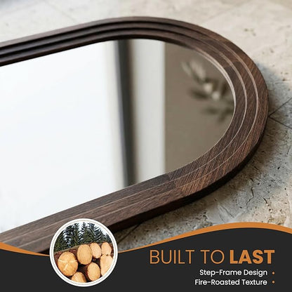 TRAHOME Arched Bathroom Mirror, 36"x24" Brown Wood Frame Wall Mirror, Farmhouse Vintage Vanity Mirror with Layered Frame for Entryway, Living Room, Bedroom