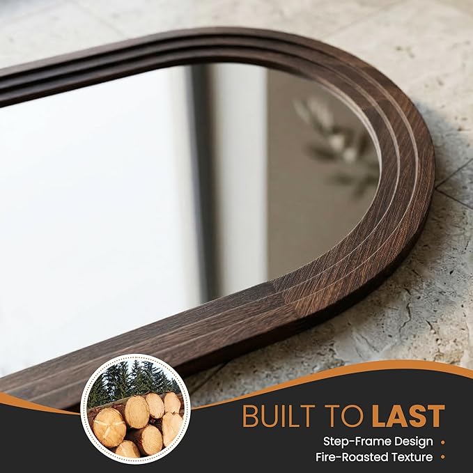 TRAHOME Arched Bathroom Mirror, 38"x26" Brown Wood Frame Wall Mirror, Farmhouse Vintage Vanity Mirror with Layered Frame for Entryway, Living Room, Bedroom