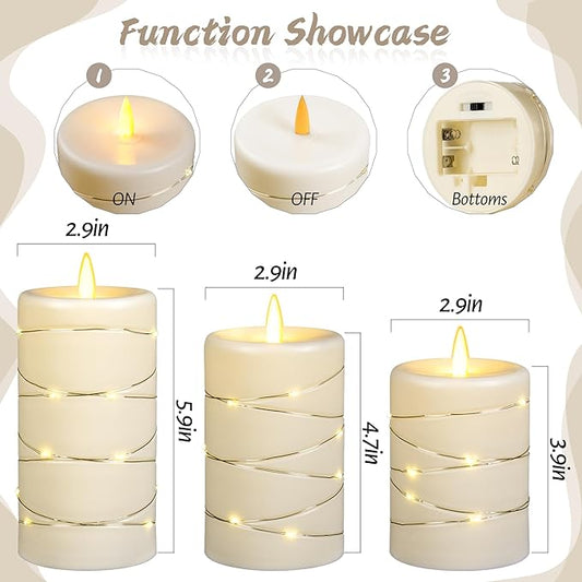 Upinmz Flickering Flameless Candles with String Lights, Battery Operated Candle, LED Candles Unbreakable Acrylic Candles with Remote Control and Timer -3 Pack Ivory White