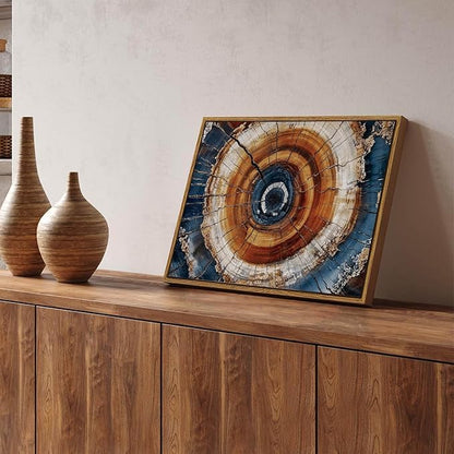 BingruiArt Framed Tree Ring Canvas Wall Art Abstract Wood Wall Decor Boho Modern Colorful Nature Painting Wood Stump Prints Pictures for Living Room Bedroom Bathroom Office 12"x16" Natural Framed(05)