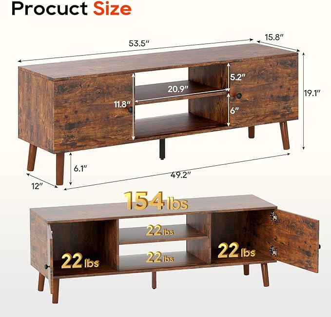 FDW TV Stand for 55 60 Inch TVs,Entertainment Center with 2 Storage Cabinets and Open Shelves, Modern Media Console Table for Living Room, Bedroom, Home Office,Brown