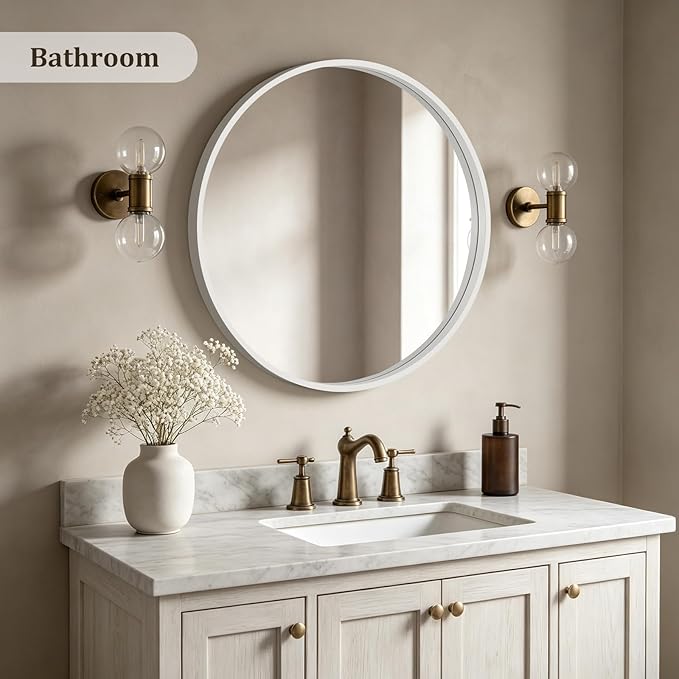 HOMECOOKIN Round Wood Mirror 28 inch Circle Mirror, Rustic Farmhouse Wooden Framed Decorative Wall Decor, Vanity Wall Mirror for Bathroom, Bedroom, Entryway, Living Room (White)