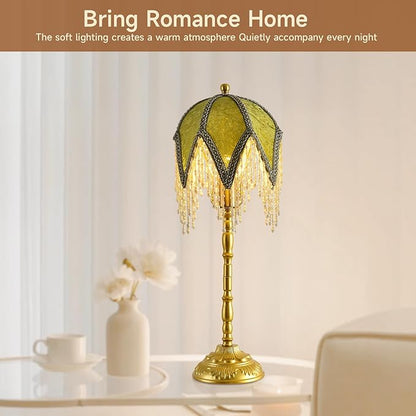 Vintage Tasselled Table Lamp with Beaded Shade, 3 Color Temperatures, Green and Gold, Victorian Style-C