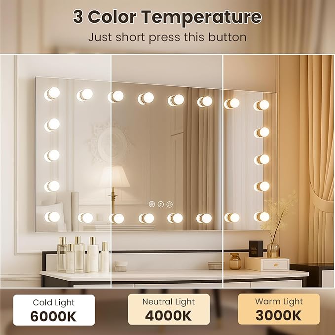 WTTY 60"x36" Hollywood Vanity Mirror with Lights, Wall-Mounted Makeup Mirror with 3 Color Temperatures, Stepless Dimmable Bulbs, Anti-Fog & Shatter-Proof