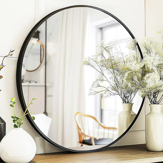 Sunniry Round Mirror 22 inch, Black Circle Mirror, Round Wall Mirrors Matte Metal Frame, Circle Mirrors for Living Room, Bathroom, Wall, Entryway, Rustic.