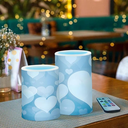 Valentines Lights Flameless Candles Blue Abstract Heart Pillar Candles Set of 2 Battery Operated Remote Control Warm Lights Home Decor