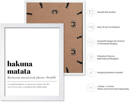 Poster Master Typography Poster - Dictionary Print - Hakuna Matata Definition, Wonderful Phrase, No Worries, Funny, Motivational - Gift for Kids, Friend - Wall Decor for Home, 8x10 White Framed