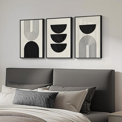 Framed Boho Black and White Abstract Wall Art, 3 Piece Modern Beige Canvas Prints Paintings Artwork for Walls, Black Geometric Pictures for Living Room Bedroom Hallway Office Wall Decor 16x24 In
