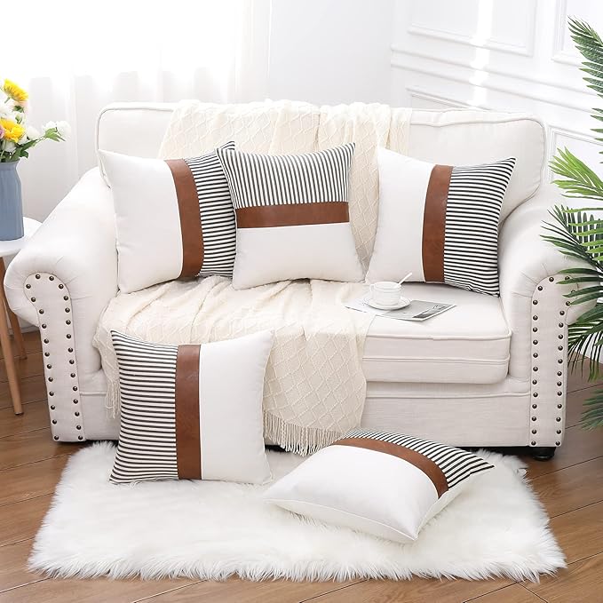 Mecatny Set of 2 Faux Leather Throw Pillows 18x18 with Inserts, Boho Striped Farmhouse Outdoor Pillows, Decorative Accent Cushions for Couch, Patio & Living Room, Navy