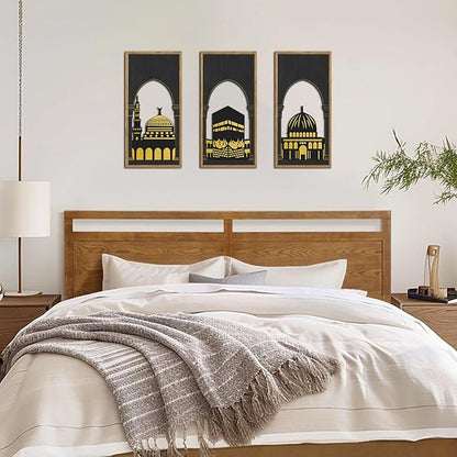 KAIRNE Eid al-Fitr Wooden Wall Art,3pcs 8”X16” Islamic Festival Decorations,Muslim Home Hanging Decor,Framed Mosque Wall Sculptures,Eid Ramadan Kareem Decoration,Rustic Religious Artwork Gift for Friend Family Living Room Bedroom Decor