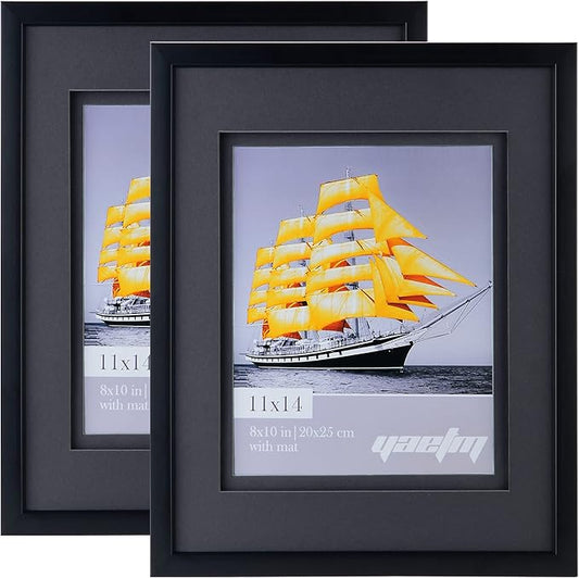 Yaetm 11x14 Double Floating Mat Picture Frame Set of 2, Display Picture 8x10 with Black Double Mat, Polished High Definition Real Glass, Wall Mounting Photo Frames, Black