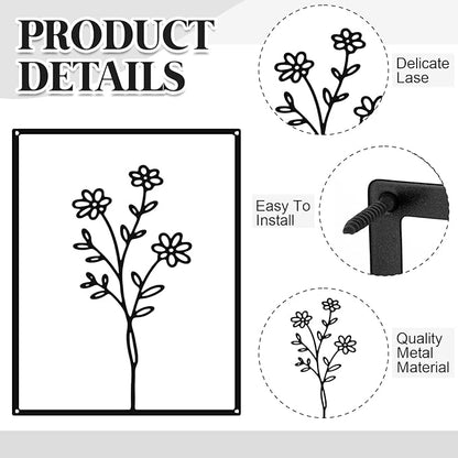 Otoolling 3 Pieces Metal Minimalist Line Kitchen Signs Wall Decor Drawing Rustic Bathroom Wall Art for Dining Living Room Bathroom Home, 14 x 11 Inches (Flower,Black)
