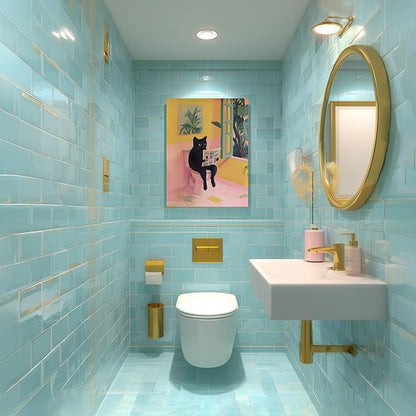 Cyebmo Funny Bathroom Wall Art, Cute Black Cat Sitting on Toilet Reading Newspaper Wall Decor, Whimsical Pink Abstract Animal Wrapped Canvas Artwork for Bathroom Kid's Restroom Bedroom 16x24 Inch