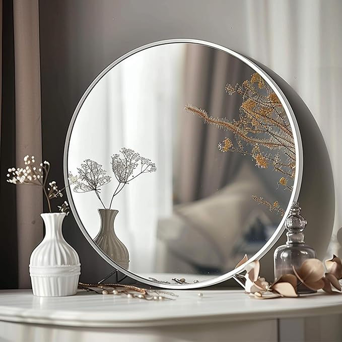 White Round Mirror 18 inch, White Circle Mirror, Bathroom Mirror, Round Wall Mirrors for Living Room, Bathroom, Hallway.