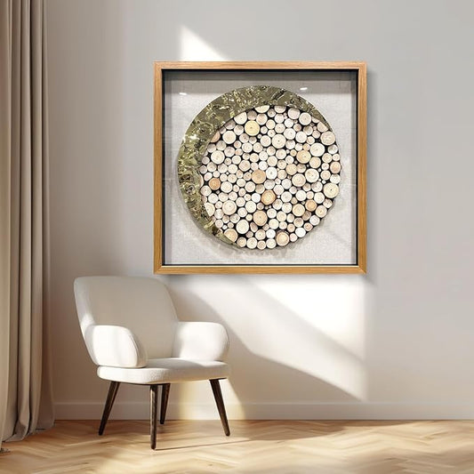 BrightA 3D Square Framed Nature Art - Gold Patina Metal Meets Circular Solid Wood Block Texture, Minimalist Contrast Wall Decor for Calming Spaces 31.5"x31.5"