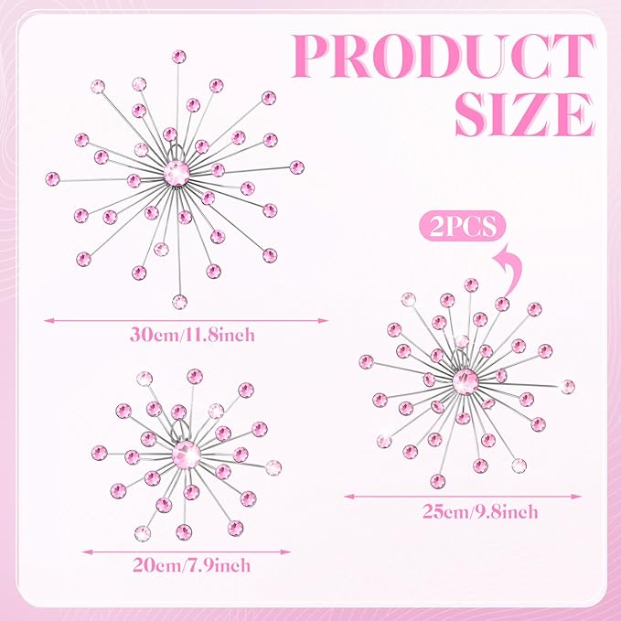 Funnymoom 4 Pcs Pink Starburst Wall Decor Metal Bling Wall Art Pink Crystal Sparkling Rhinestones Bling Decorative Hanging Diamond for Living Room Bedroom Home Office