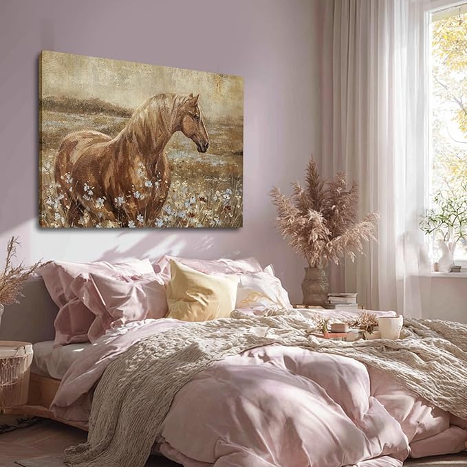 ZENPEE Horse Canvas Wall Art for Living Room Large Brown Horse Painting Western Farmhouse Wall Decor Above Couch Rustic Animal Wall Art 32x48 Inch