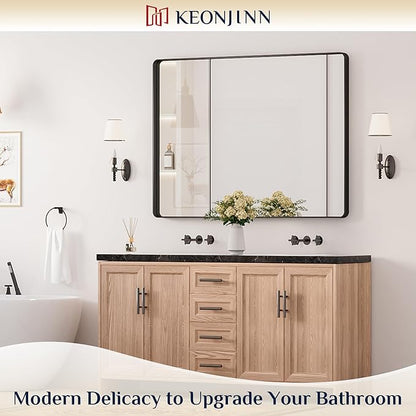 Keonjinn Black Bathroom Mirror for Over Sink, 48” x 36” Large Matte Black Vanity Mirror, Tempered Glass Rectangle Farmhouse Mirrors, Modern Decorative Mirror with Sandblasted Finish, Seamless Frame