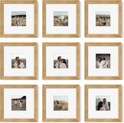 YESKAY 8x8 Picture Frame Set of 9, Photo Gallery Wall Frame Set, Display Pictures 4x4 with Mat or 8 x 8 Without Mat, Square Frame Picture Frames Collage Wall Decor, Natural Oak