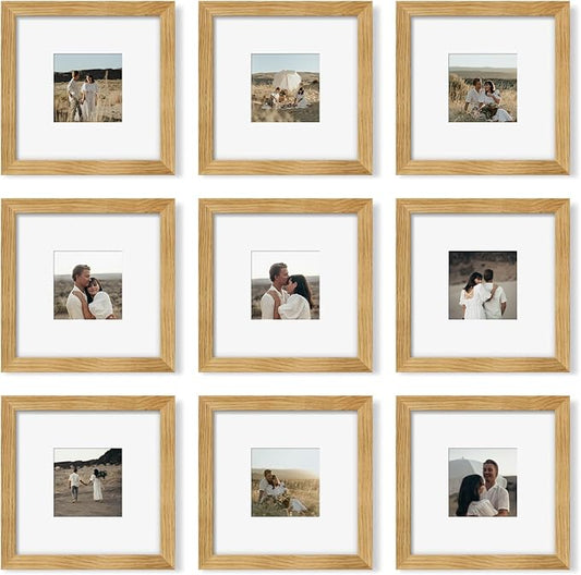 YESKAY 8x8 Picture Frame Set of 9, Photo Gallery Wall Frame Set, Display Pictures 4x4 with Mat or 8 x 8 Without Mat, Square Frame Picture Frames Collage Wall Decor, Natural Oak