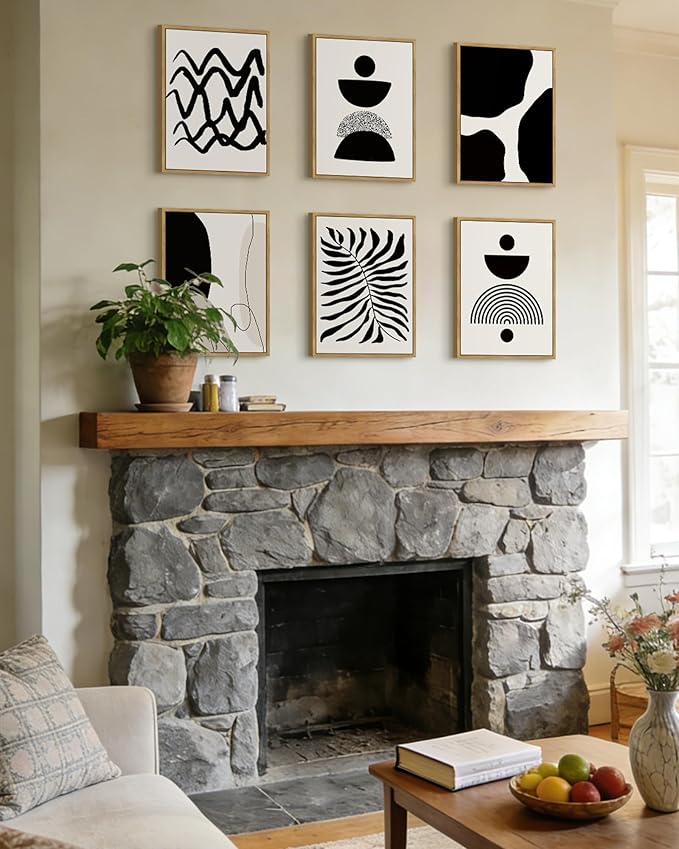 Drsoum Abstract Boho Wall Art Minimalist Geometric Framed Boho Room Decor Black Line Art Mid Century Modern Prints Bohemian Living Room Bedroom Ready to Hang 11x14inx6pcs (Natural Framed)