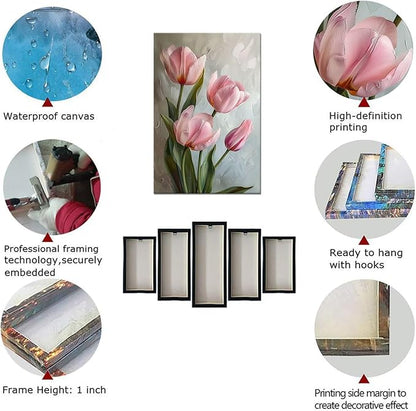 Tulips Wall Art Flowers Pictures Pink Bathroom Decor Modern Spring Floral Paintings Canvas Prints Artwork for Living Room Bedroom Home Decoration Framed
