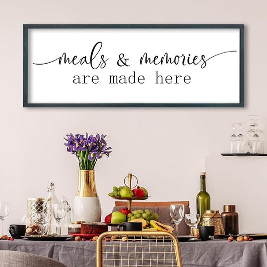 FZMHASLWW Meals and Memories Are Made Here Wall Decor Sign 32"x12" for Dining Room Kitchen Large Wooden Framed Hanging Art (Black)